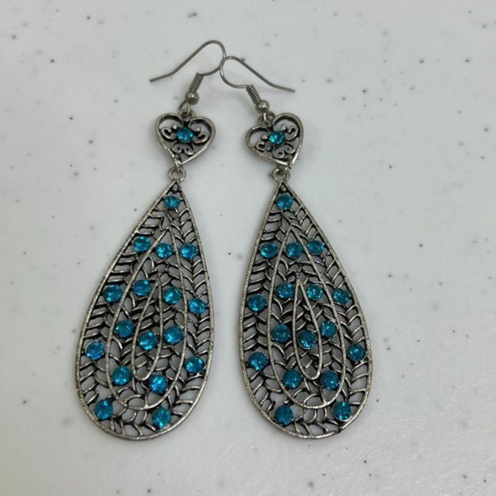 Rhinestone Earrings Statement Blue Silver Tone Dangle Heart Big Tear Drop  Used,
